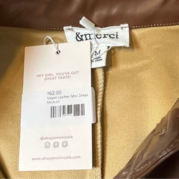 🆕 &merci Vegan Leather Mini Dress Caramel Brown Long Sleeves NWT Size M - Picture 10 of 12